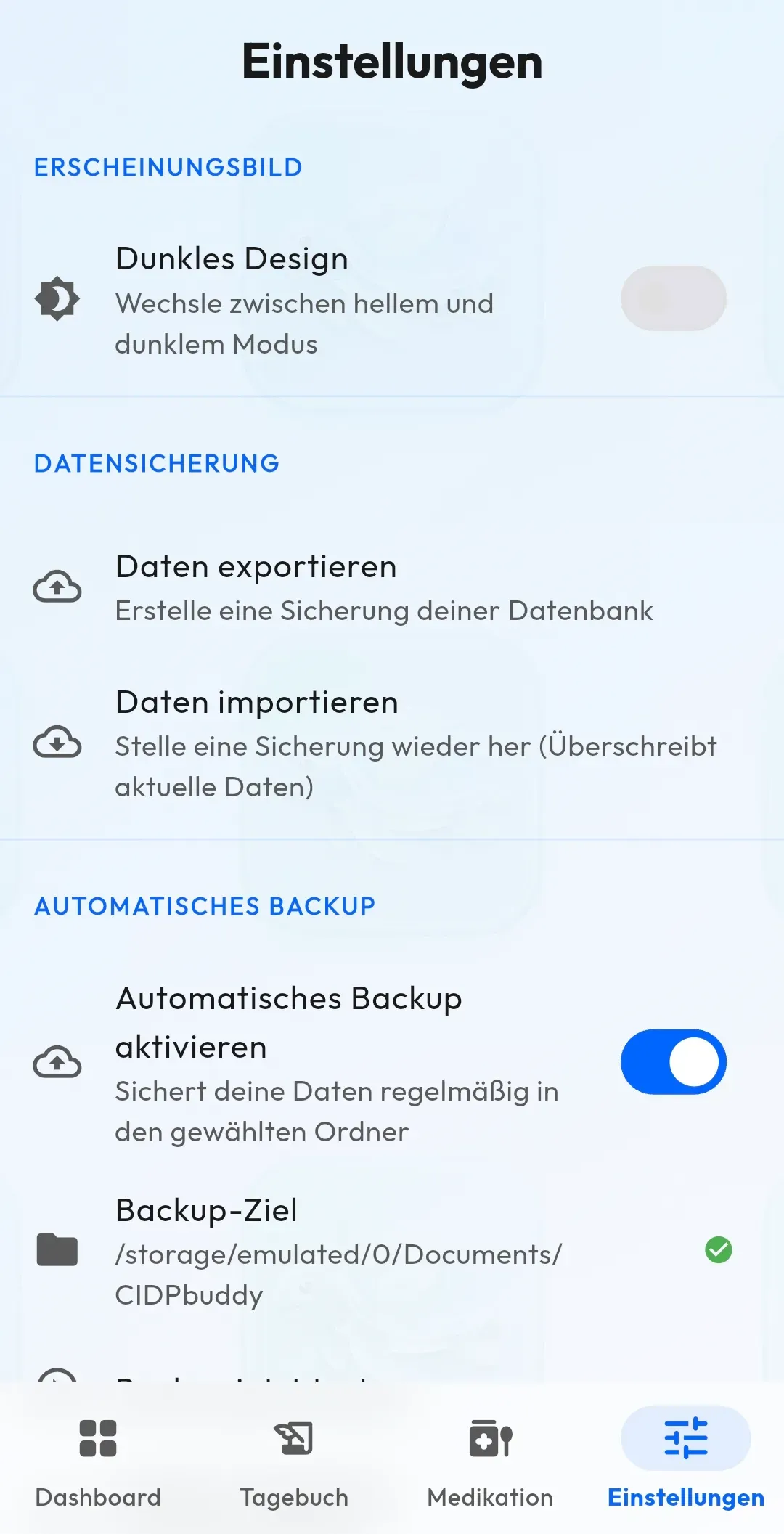 Einstellungen von CIDP Buddy mit dem Schalter für dunkles Design, Export und Import einer Datensicherung sowie aktiviertem automatischem Backup in einen gewählten Ordner.