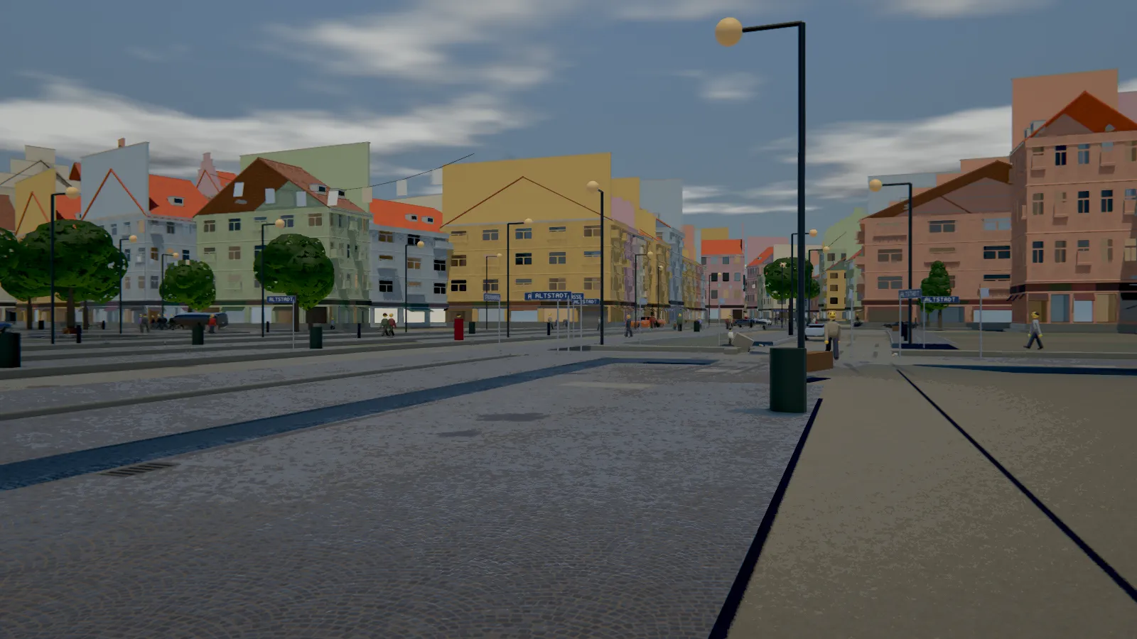 Spielszene aus MoodSwings: pastellfarbene Häuser, Fußgänger und Kopfsteinpflaster in der Altstadt von Landshüpf